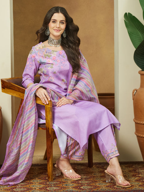 Janasya Women's Lavender Cotton Blend Floral Printed Straight Kurta Set
